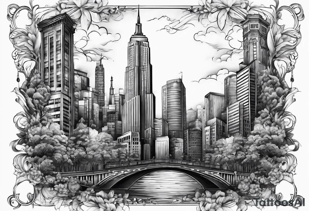 City with tall building leg sleeve tattoo idea