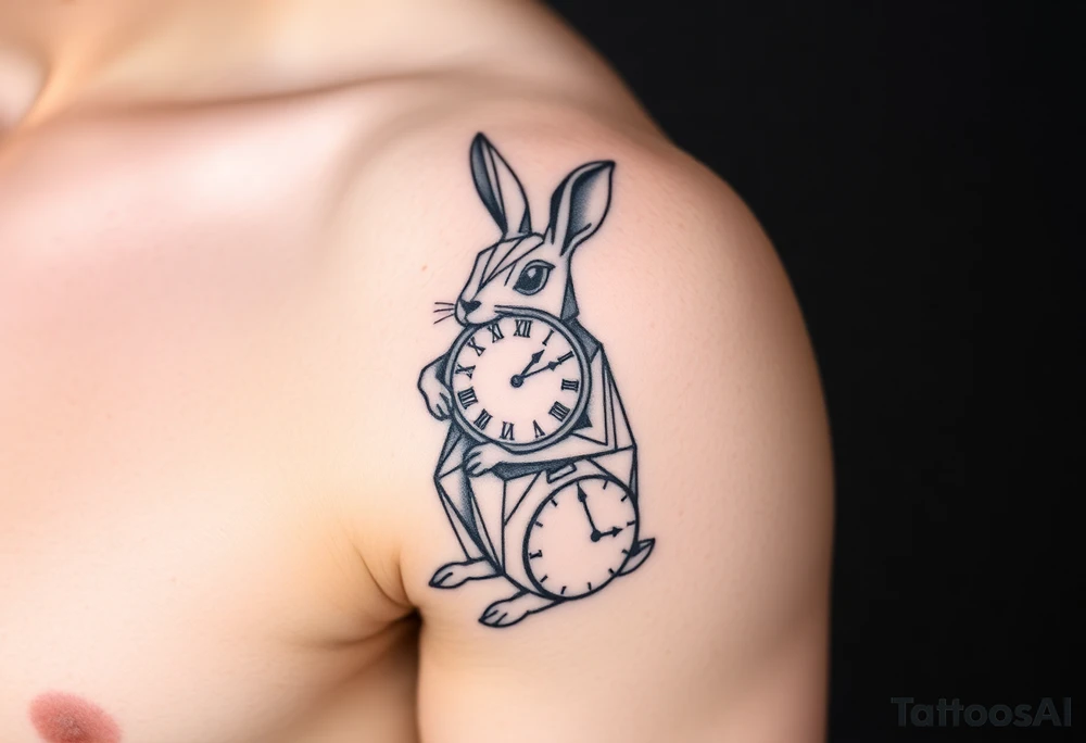 Geometrical rabbit holding a clock tattoo idea