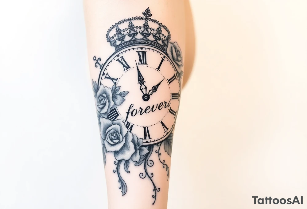 Roman clock with roses and a crown, a quote that says nothings forever. and on the bottom a deck of cards tattoo idea