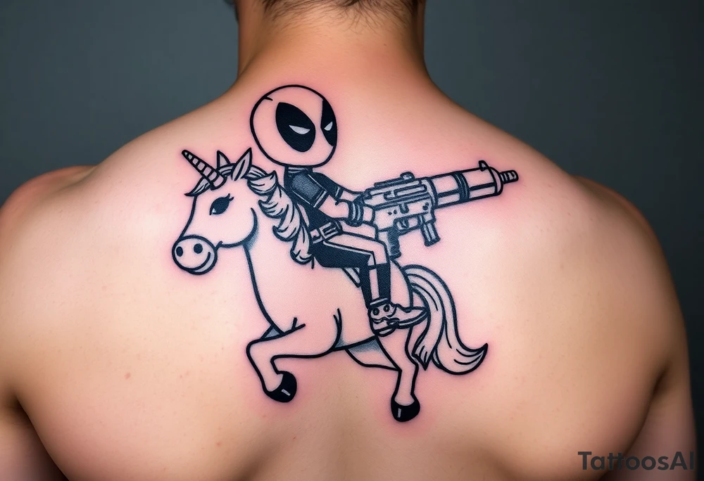 Deadpool riding unicorn holding big gun tattoo idea