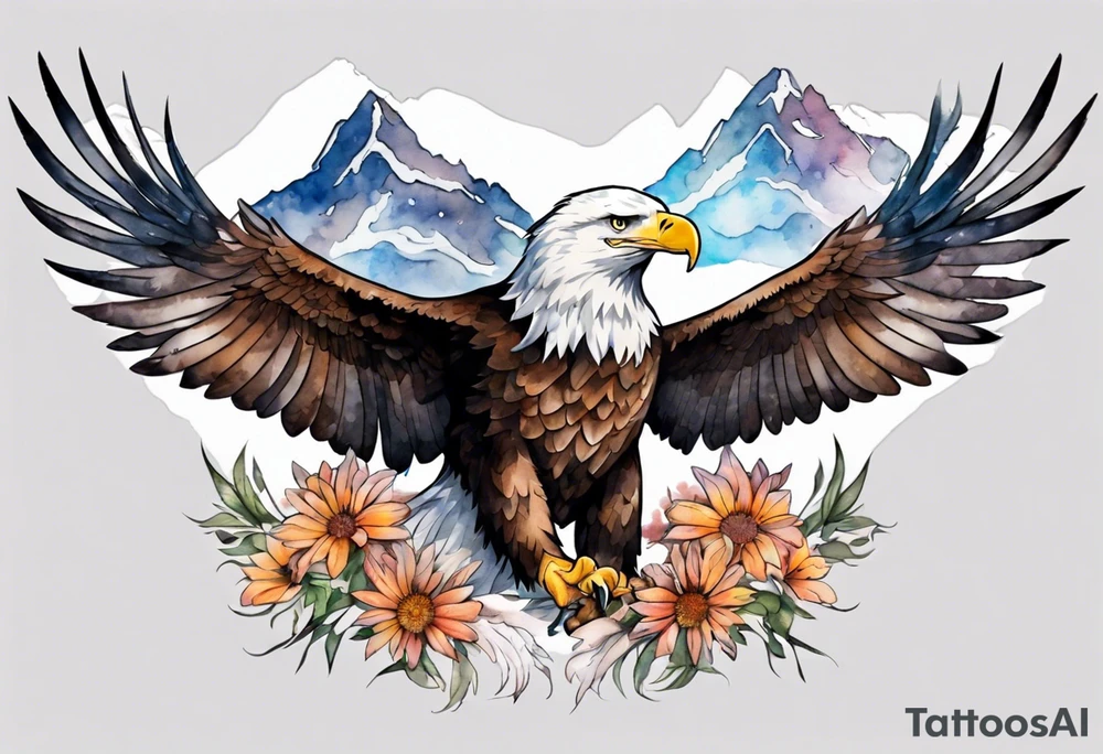bald eagle with wings spread with mountain flowers in the background tattoo idea