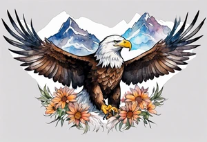 bald eagle with wings spread with mountain flowers in the background tattoo idea