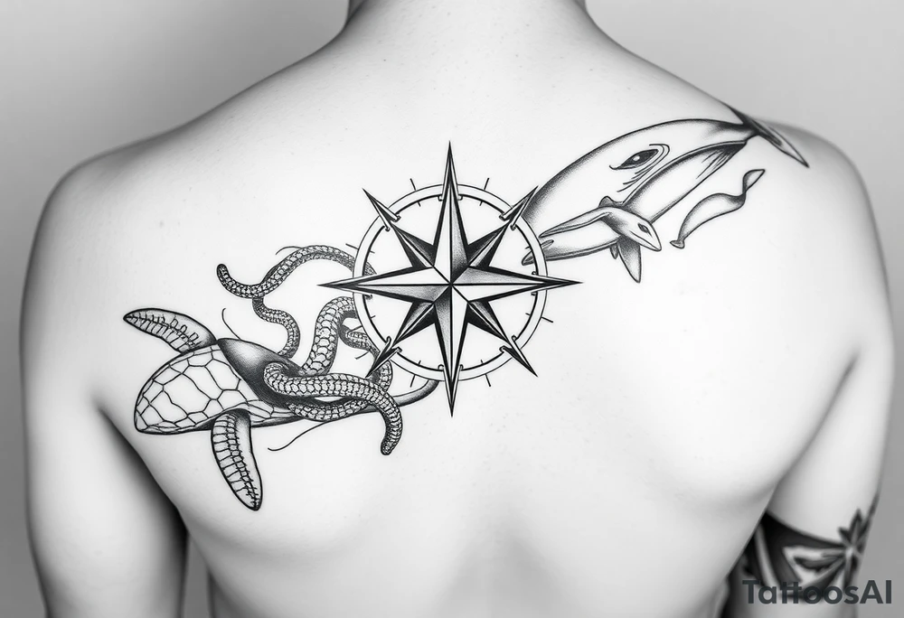 black and grey realist tattoo sleeve consisting of Compass Rose Placement: Centered on the inner forearm as a focal point.
Loggerhead Turtles: Swimming along the forearm, possibly near the wrist or upper arm.
Octopus: Wrapping its tentacles around the design, creating movement.
Whales: A large whale gliding through the upper forearm or bicep area.
Waves: Flowing throughout, acting as the background to tie everything together. tattoo idea