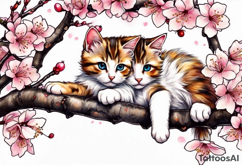 A kitty perched upon a cherry blossom  branch for a tatto on my biceps tattoo idea