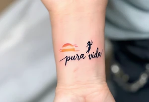Cursive “Pura Vida” trailing behind a paragliding silhouette against a sunset gradient of yellow, orange, and magenta. tattoo idea