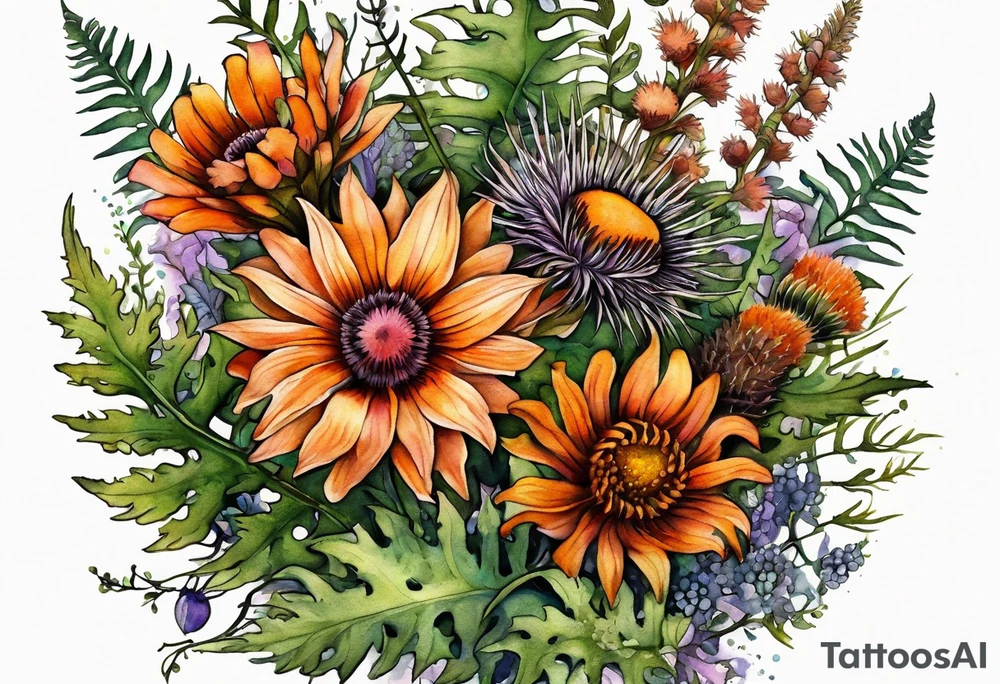 mixed wildflower bouquet with ferns, burnt orange flower, thistle and with watercolor to go along foot tattoo idea