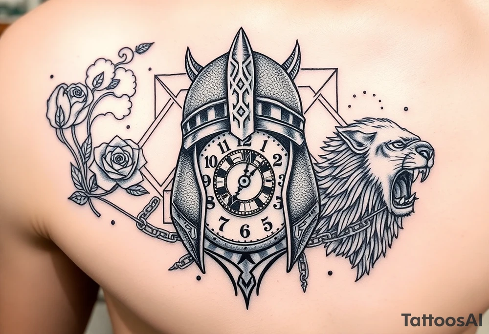 A detailed tattoo featuring a stylized warrior helmet with intricate textures and patterns. Behind it lies a shattered clock face with exposed gears and intertwined chains, symbolizing struggle with time and anxiety. Surrounding the helmet and clock are swirling smoke and wind patterns filled with fine details like leaves, feathers, and tribal motifs, representing resilience and growth. On one side, a blooming thorned rose or lotus flower symbolizes delicate strength and love. On the other side, a fierce roaring lion or wolf head embodies courage and protection. The background includes geometric shapes and dotwork to add depth and unify the design. The style combines bold linework with fine detail, dotwork, and shading for a powerful modern tattoo. tattoo idea
