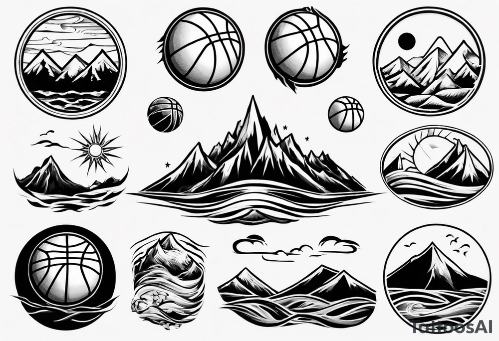 basketball, waves, mountains, sun tattoo idea