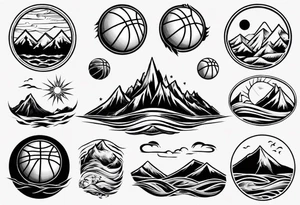 basketball, waves, mountains, sun tattoo idea