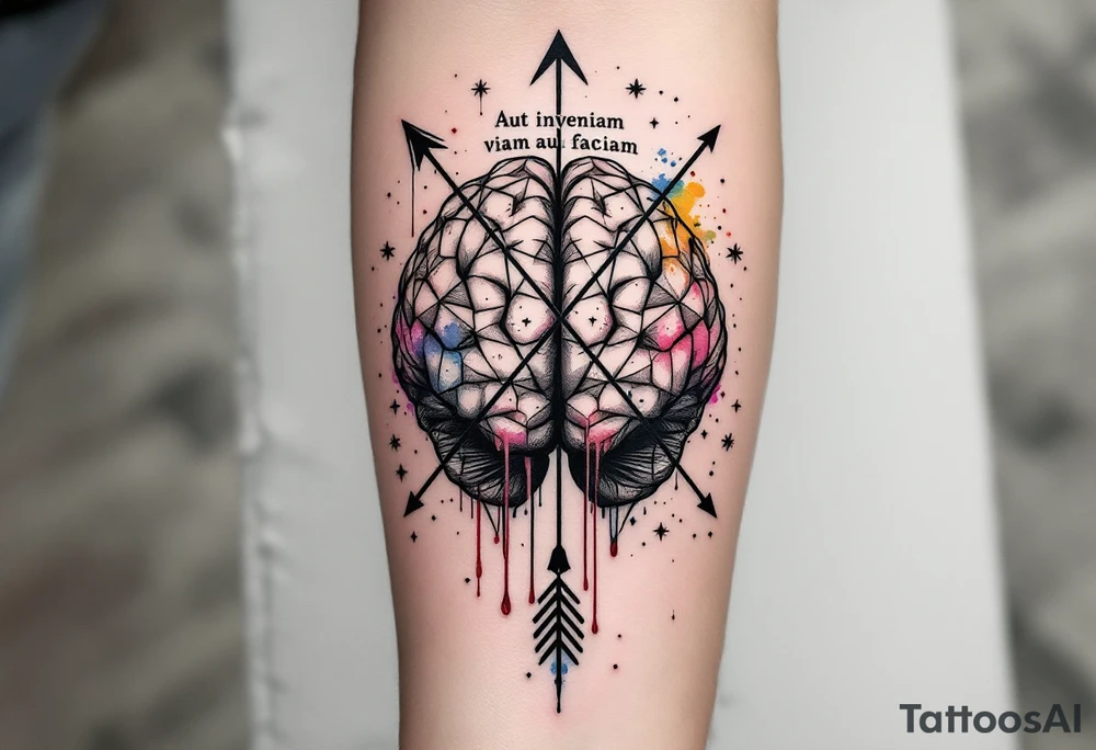 A front-seen brain in geometric and straight lines, with few watercolor details but mostly black, symbols representing intelligence, creativity and dreaming flying arround, the phrase "Aut inveniam viam aut faciam" and an arrow crossing from above with watercolors leaking from it tattoo idea