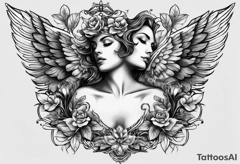 mens chest tattoo with 4 leaf clovers on the collar bone, wings on the shoulders and two faces on in the middle with shading tattoo idea