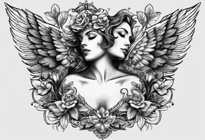 mens chest tattoo with 4 leaf clovers on the collar bone, wings on the shoulders and two faces on in the middle with shading tattoo idea