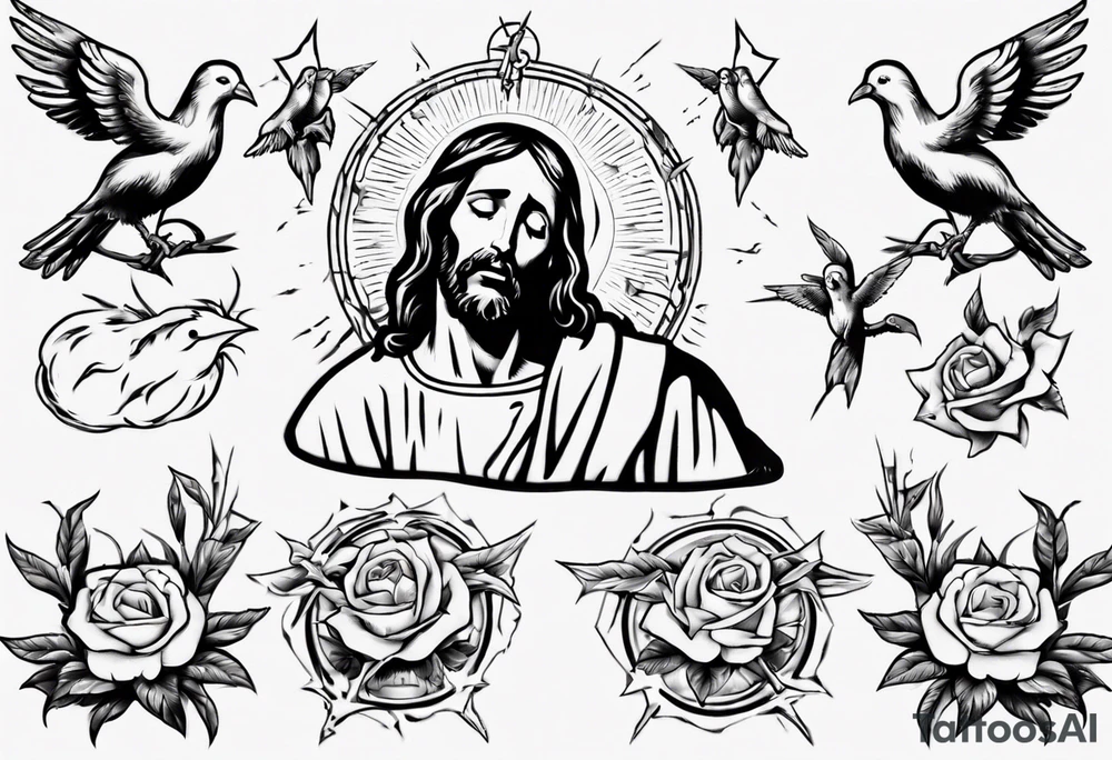 Jesus with thorns and crying, doves, lambs, tattoo idea
