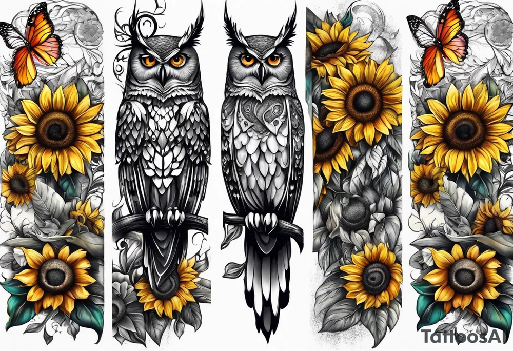 Arm sleeve with an owl and butterfly surrounded by 
sunflowers tattoo idea