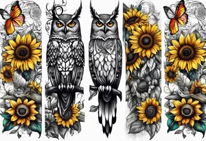 Arm sleeve with an owl and butterfly surrounded by 
sunflowers tattoo idea