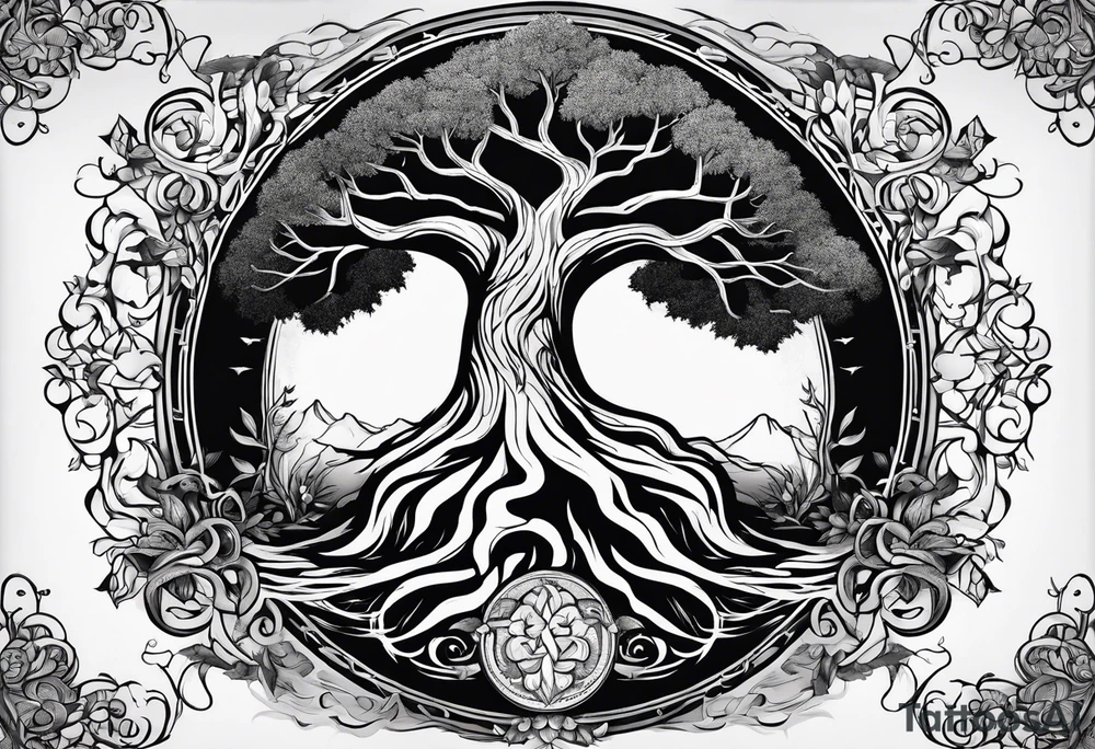 Yggdrasil with 9 realm illustrated tattoo idea