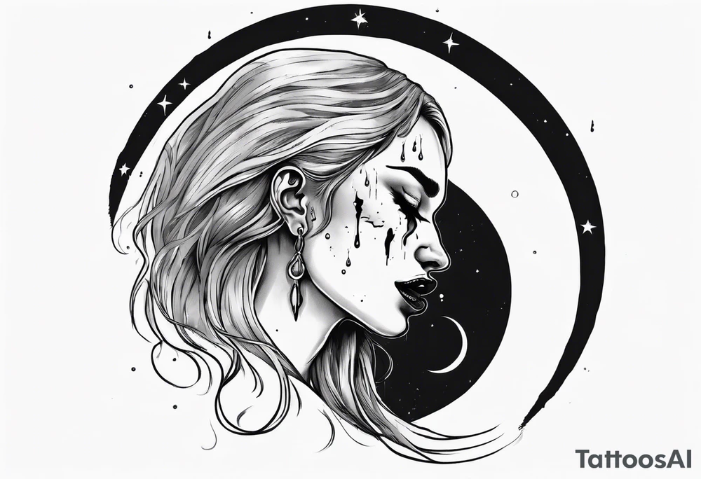 crescent moon with crying woman. she's crying tears of blood. her face is part of the moon. you can't see all of her face tattoo idea
