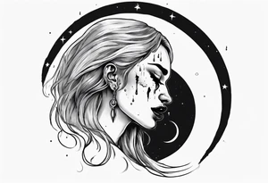 crescent moon with crying woman. she's crying tears of blood. her face is part of the moon. you can't see all of her face tattoo idea