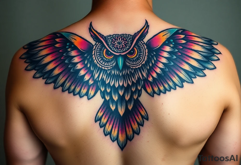 Majestic owl with huge wings spread out tattoo idea