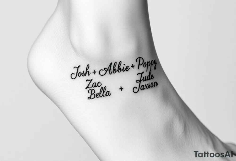 an ankle tattoo with the names Josh•Abbie•Poppy•Zac•Jack•Bella•Oscar•Jude•Jaxson tattoo idea