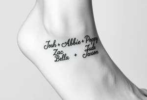 an ankle tattoo with the names Josh•Abbie•Poppy•Zac•Jack•Bella•Oscar•Jude•Jaxson tattoo idea