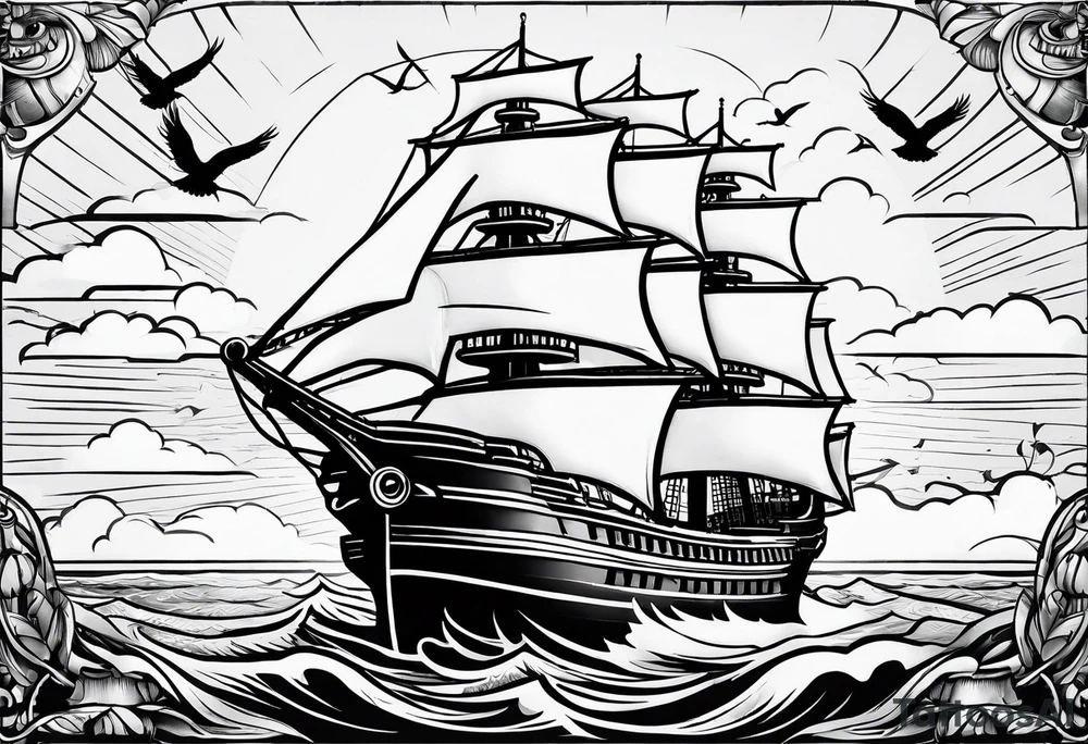 huge ship in the sea with sun on the sky and birds
without many details tattoo idea