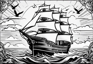 huge ship in the sea with sun on the sky and birds
without many details tattoo idea