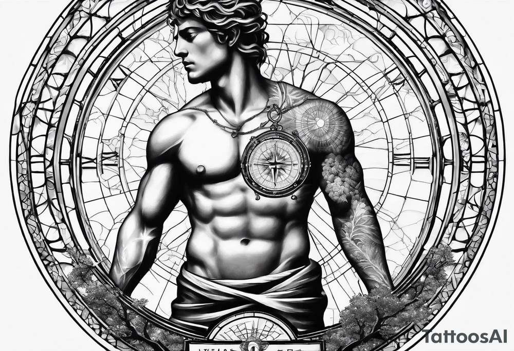 very masculine tattoo about creation including atlas carrying world, vitruvian man, touch of god and tree of life and fibonacci spiral for forearm tattoo idea