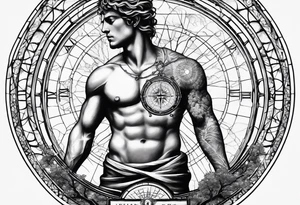 very masculine tattoo about creation including atlas carrying world, vitruvian man, touch of god and tree of life and fibonacci spiral for forearm tattoo idea