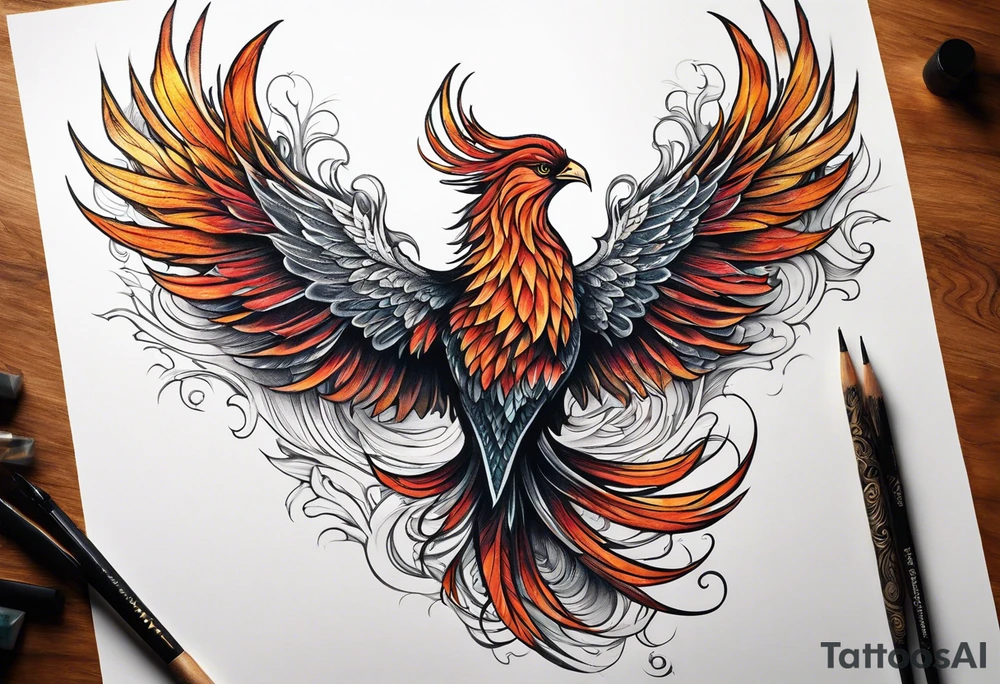 Tattoo: A powerful, majestic phoenix, depicted mid-flight or rising, with wings extended and feathers flowing. Deep shading and intricate details to bring out the texture and motion of the feathers. Style: Semi realism. tattoo idea