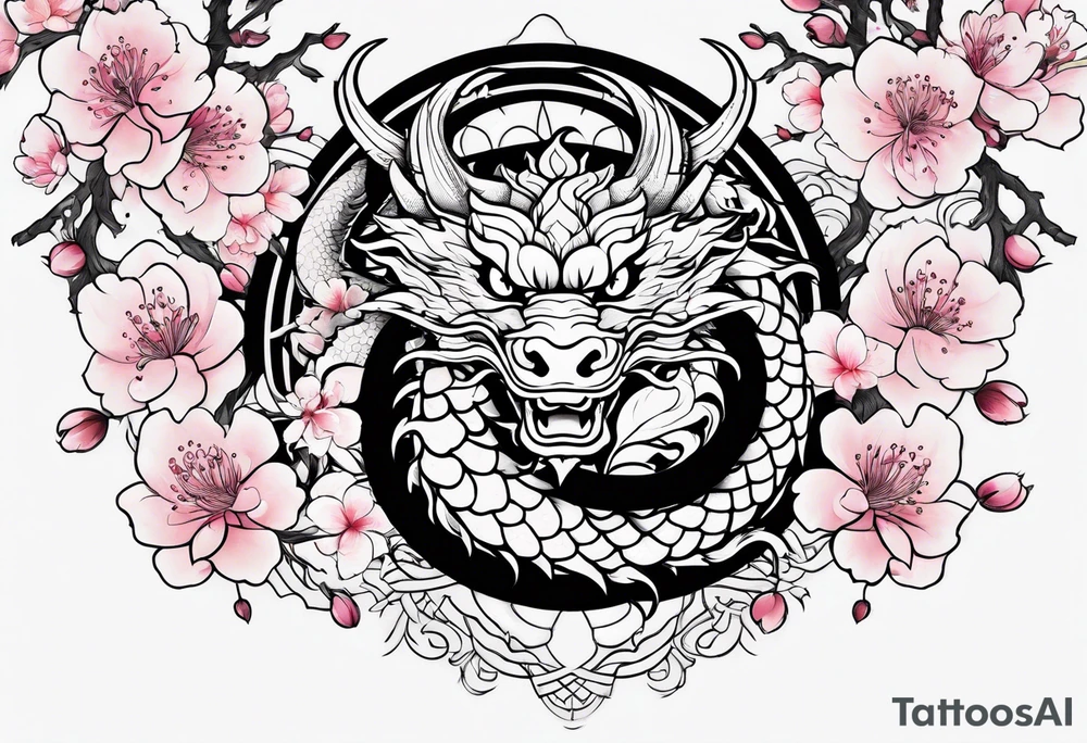 Japanese cherry blossoms dragon minimalist tattoo idea