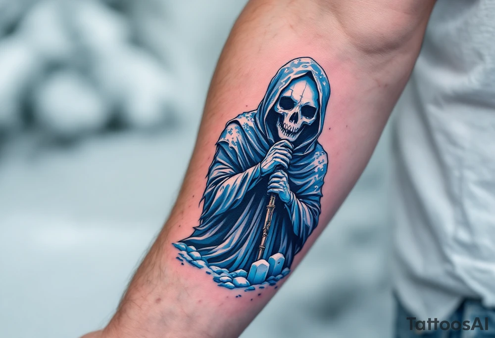 A half-sleeve tattoo of a Reaper in icy blue tones standing in a snowy graveyard. tattoo idea