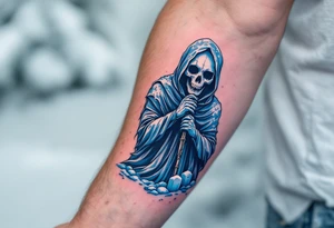A half-sleeve tattoo of a Reaper in icy blue tones standing in a snowy graveyard. tattoo idea