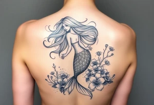 ethereal mermaid with flowing hair among coral and sea flowers tattoo idea