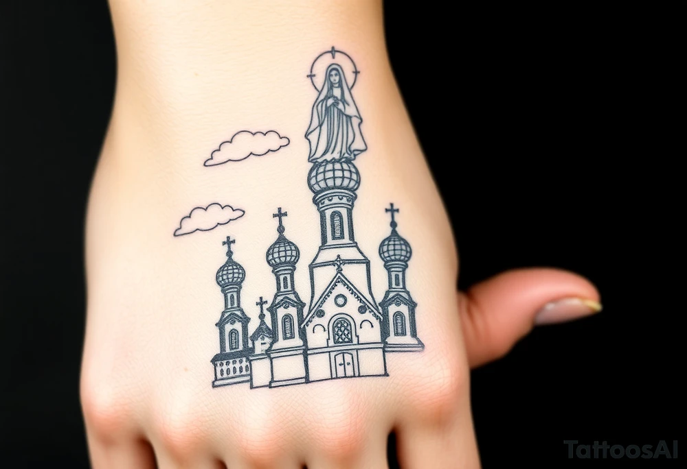 Russian Orthodox church with orthodox spire crosses, with clouds above it and a virgin mary seperately over looking sat above tattoo idea