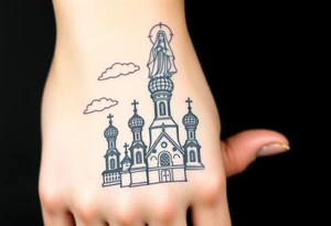 Russian Orthodox church with orthodox spire crosses, with clouds above it and a virgin mary seperately over looking sat above tattoo idea