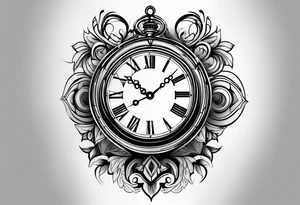 Dessine-moi un tattoo représentant une horloge intégrée à un sablier . En second plan on retrouve des chiffres romains. Le tatouage et noir et blanc et se porte sur l'épaule gauche tattoo idea