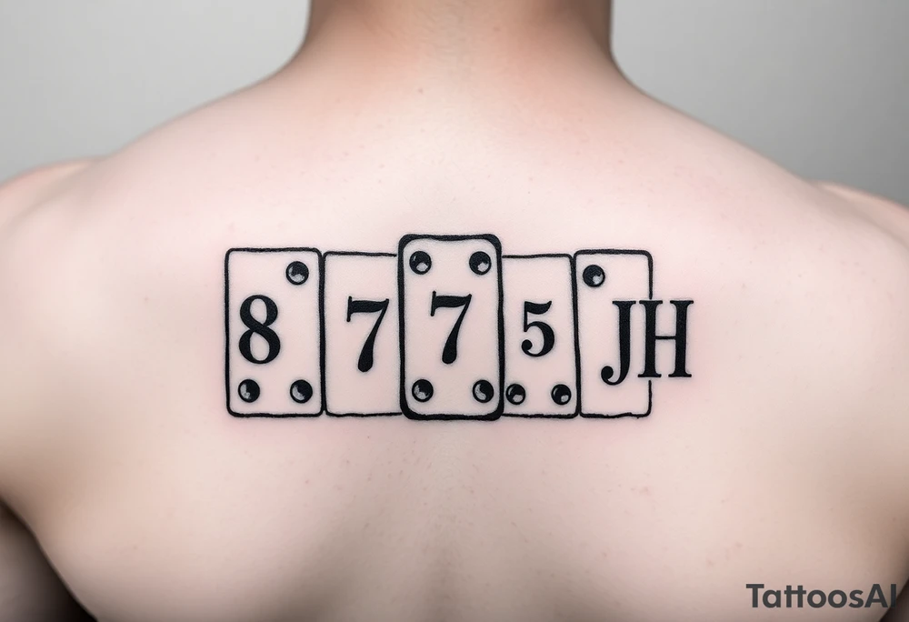 drei dominosteine mit den augen nummern 8 7 6 und beim letzten unten 6 und oben die Inizialen JH tattoo idea