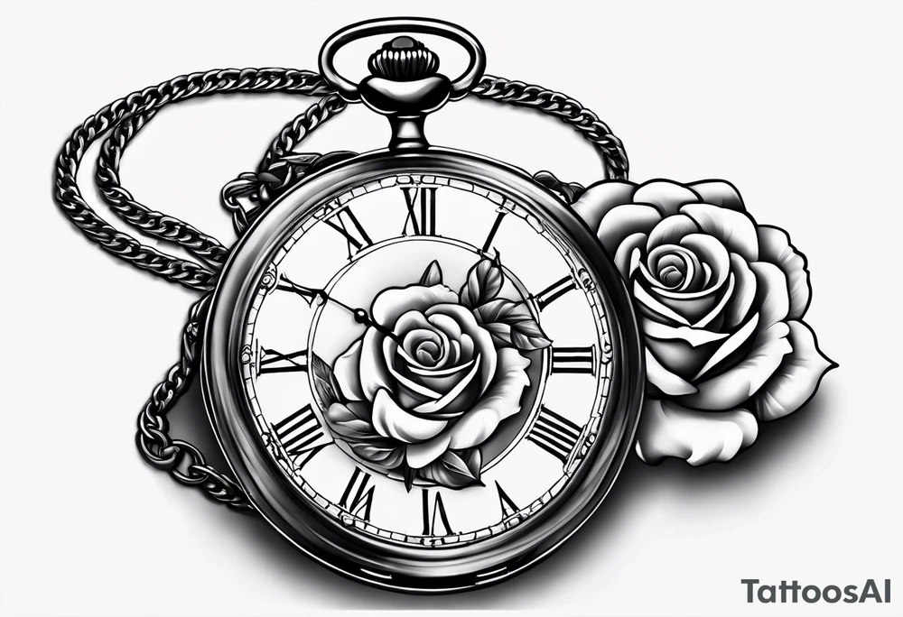 Pocket watch with chain and roses tattoo idea