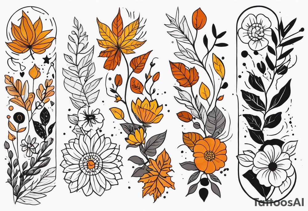 Full arm sleeve with fall colors, flowers, leaves and shapes tattoo idea