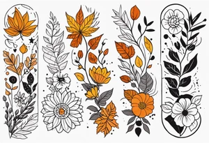 Full arm sleeve with fall colors, flowers, leaves and shapes tattoo idea
