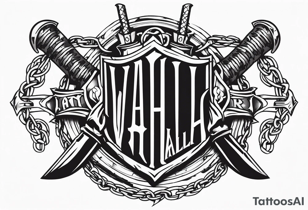 Valhalla sword round shield axe barbed wire chains tattoo idea