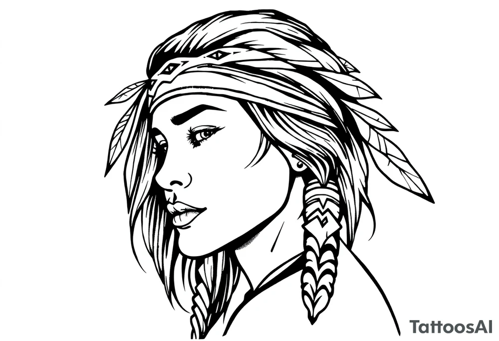 Female Native American wearing headband side pose tattoo idea