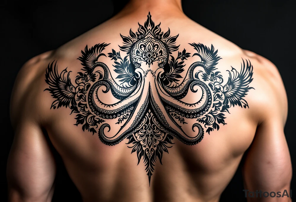 powerful majestic octopus, surrounded by floral ornaments and birds tattoo idea