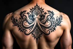 powerful majestic octopus, surrounded by floral ornaments and birds tattoo idea