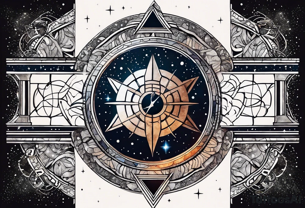 Matter, energy, space and time with an old stone theta symbol with stars in the background and Scorpio constellation tattoo idea