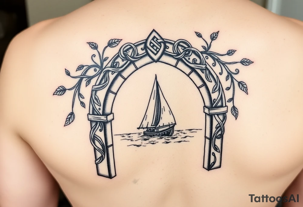 sleeve tattoo.elven arch decoration, intricate designs of celtic knots, vines and leaves twirling across arch, sea in the background with sailboat tattoo idea