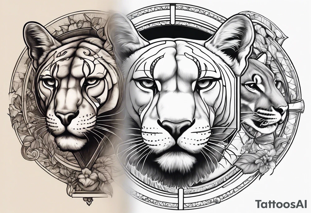 Brain in sagittal section and angry cougar inside hourglass tattoo idea Brain in sagittal section and angry cougar inside hourglass tattoo idea