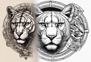 Brain in sagittal section and angry cougar inside hourglass tattoo idea