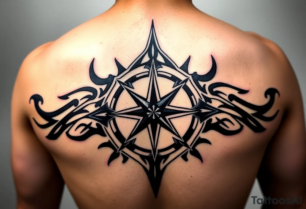 A sharp edged rip curl wave inside of an elongated diamond infront of a compass rose tattoo idea